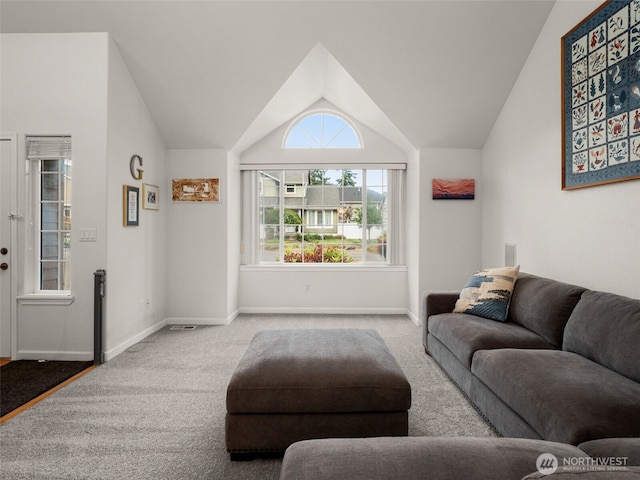 9114 80th Ave SW, Lakewood, WA 98498 - carpeted living area with baseboards and lofted ceiling