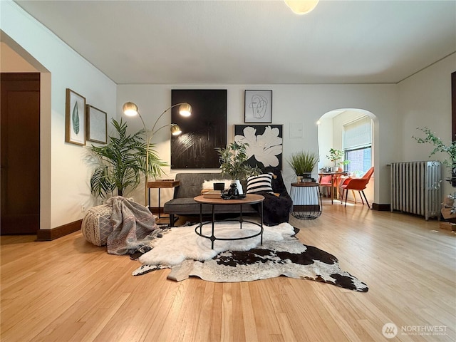 2328 10th Ave E Unit 102, Seattle, WA 98102 - living room with radiator heating unit, arched walkways, and wood finished floors