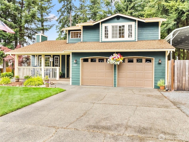 4607 225th Street Ct E, Spanaway, WA 98387 - view of front of house featuring a porch, concrete driveway, a garage, and a shingled roof