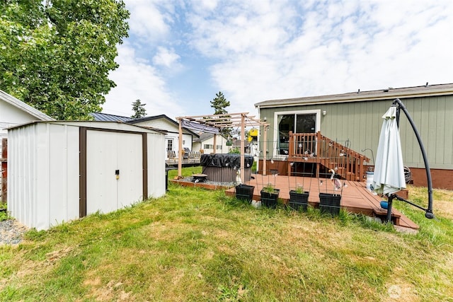 7543 Wooldridge Dr, Blaine, WA 98230 - rear view of property featuring a shed, a deck, a lawn, and a pergola