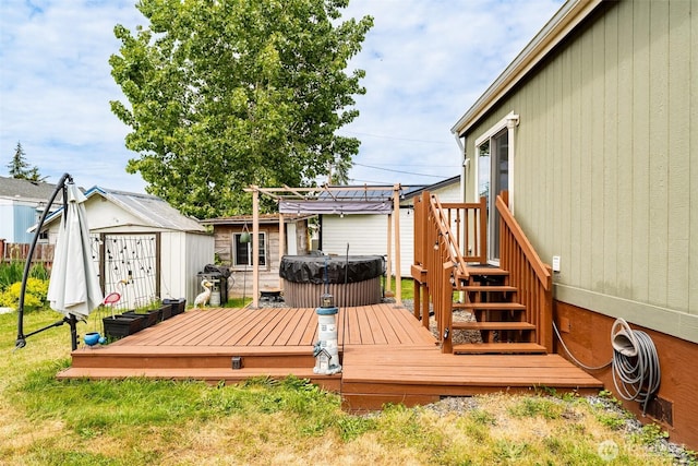 7543 Wooldridge Dr, Blaine, WA 98230 - wooden deck featuring a hot tub and a shed