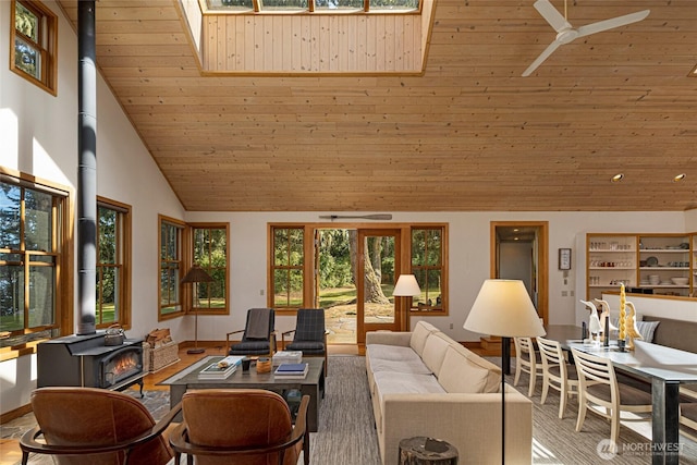 16 Bayshore Rd, Friday Harbor, WA 98250 - living area featuring a wood stove, wooden ceiling, high vaulted ceiling, and ceiling fan