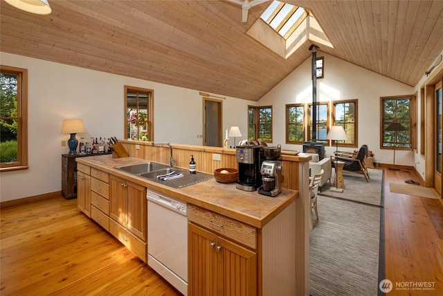 16 Bayshore Rd, Friday Harbor, WA 98250 - kitchen with dishwasher, butcher block countertops, healthy amount of natural light, wood ceiling, and a skylight