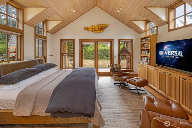 16 Bayshore Rd, Friday Harbor, WA 98250 - bedroom featuring a high ceiling, access to outside, wooden ceiling, and multiple windows
