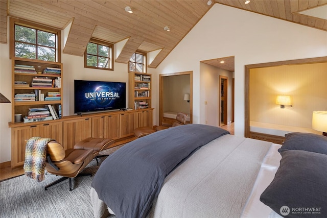 16 Bayshore Rd, Friday Harbor, WA 98250 - bedroom featuring high vaulted ceiling, wood ceiling, and recessed lighting