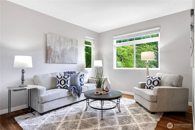 6707 SE Cougar Mountain Way Unit 2, Bellevue, WA 98006 - living room with baseboards and wood finished floors