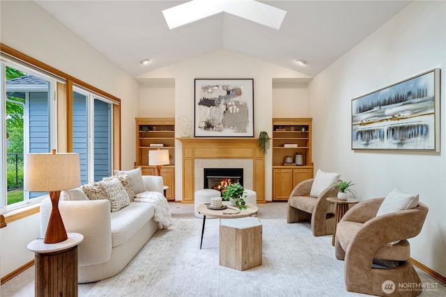 1912 243rd Pl SE, Bothell, WA 98021 - living room with a skylight, lofted ceiling, plenty of natural light, and a warm lit fireplace