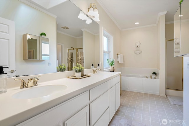 1912 243rd Pl SE, Bothell, WA 98021 - bathroom with a stall shower, a garden tub, double vanity, tile patterned floors, and ornamental molding