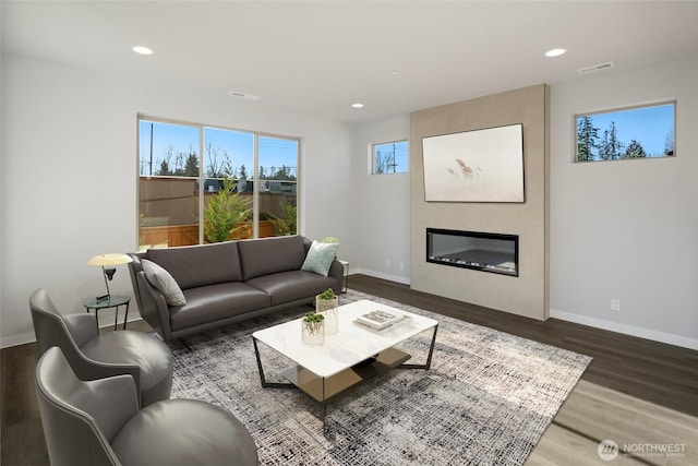 13325 SE 238th Pl Unit 15, Kent, WA 98042 - living room featuring wood finished floors, recessed lighting, and a large fireplace