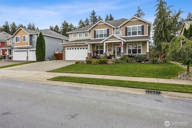 8316 230th Street Ct E, Graham, WA 98338 - craftsman house featuring a porch, a garage, board and batten siding, driveway, and a front lawn