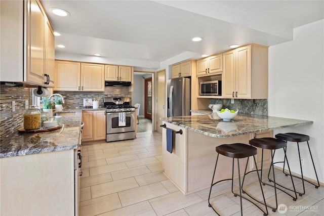 6210 105th Ave NE, Kirkland, WA 98033 - kitchen with appliances with stainless steel finishes, light brown cabinets, a peninsula, under cabinet range hood, and backsplash