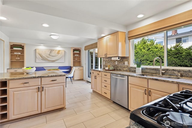 6210 105th Ave NE, Kirkland, WA 98033 - kitchen featuring dishwasher, light brown cabinets, open shelves, recessed lighting, and range with gas cooktop