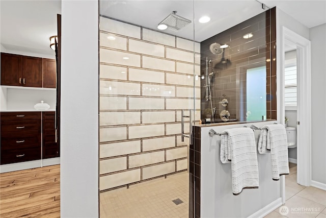6210 105th Ave NE, Kirkland, WA 98033 - bathroom with a walk in shower, tile patterned flooring, and recessed lighting
