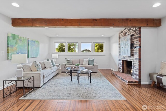 6210 105th Ave NE, Kirkland, WA 98033 - living room with beam ceiling, wood finished floors, recessed lighting, and a fireplace