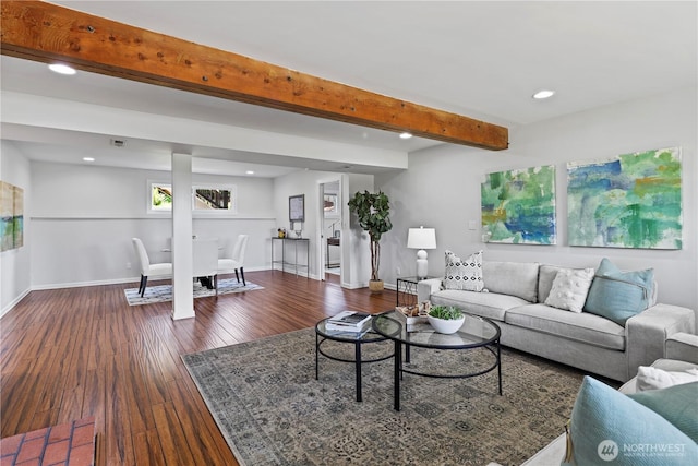 6210 105th Ave NE, Kirkland, WA 98033 - living room featuring dark wood-style flooring, recessed lighting, and beamed ceiling