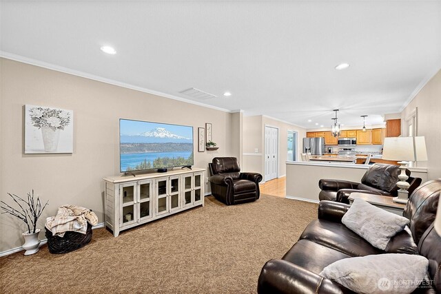 1920 11th Street Pl SW, Puyallup, WA 98371 - living area featuring light carpet, recessed lighting, and ornamental molding