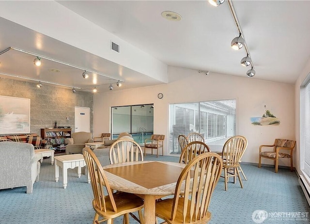 7806 Birch Bay Dr Unit 501, Blaine, WA 98230 - dining room with rail lighting, carpet, and vaulted ceiling