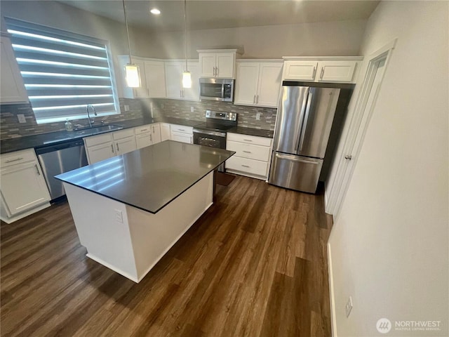 2129 Lancaster Way, Ferndale, WA 98248 - kitchen featuring stainless steel appliances, dark countertops, decorative backsplash, dark wood finished floors, and white cabinetry