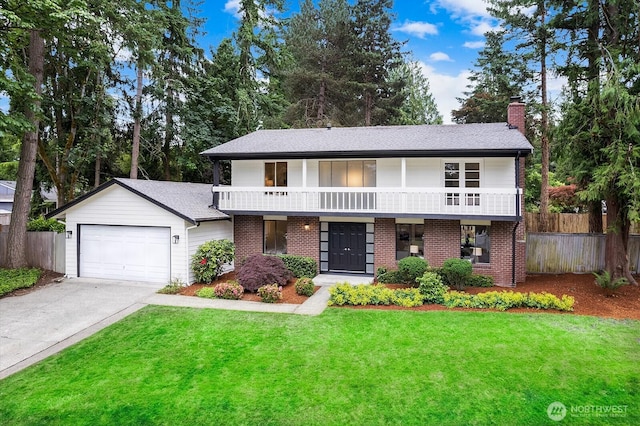 17805 NE 29th St, Redmond, WA 98052 - front facade with a chimney, an attached garage, concrete driveway, brick siding, and a balcony