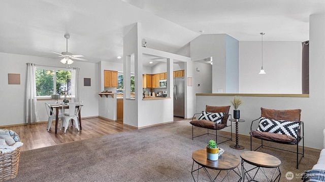 15725 Wallace Falls Loop Rd, Gold Bar, WA 98251 - living area featuring lofted ceiling, ceiling fan, light carpet, light wood-type flooring, and recessed lighting