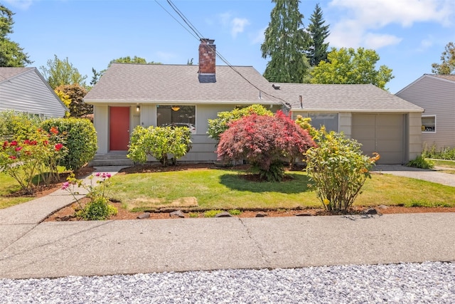 5065 SW Olga St, Seattle, WA 98116 - view of front of property featuring a front lawn, a chimney, driveway, a garage, and entry steps