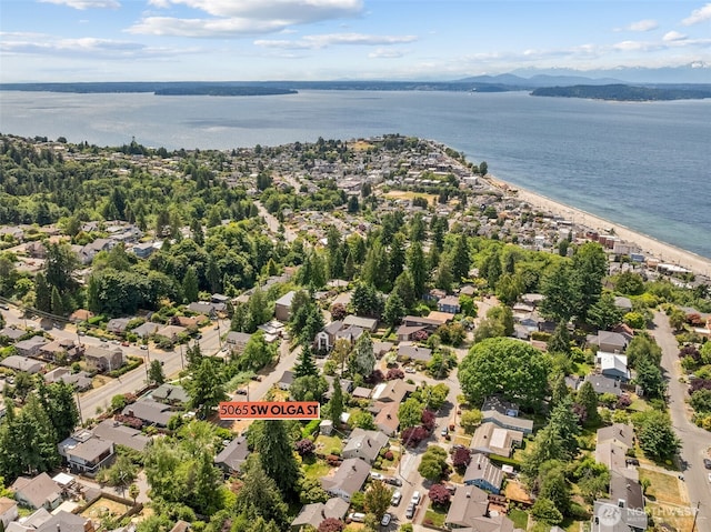 5065 SW Olga St, Seattle, WA 98116 - aerial overview of property's location with a water and mountain view and nearby suburban area