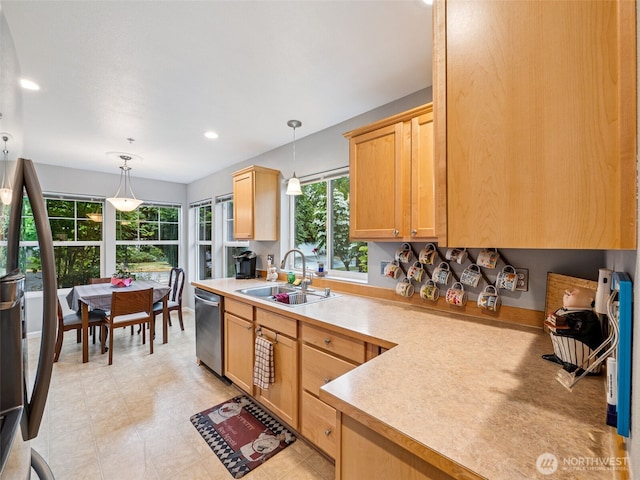5909 Panorama Dr SE Unit 8-101, Auburn, WA 98092 - kitchen featuring dishwasher, light brown cabinets, pendant lighting, light countertops, and recessed lighting