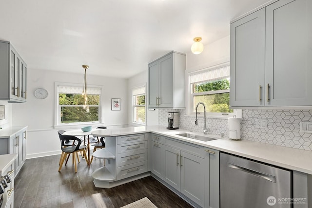 1604 28th Ave W, Seattle, WA 98199 - kitchen featuring dishwasher, gray cabinets, open shelves, backsplash, and dark wood-style flooring
