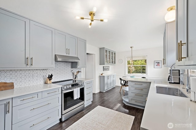 1604 28th Ave W, Seattle, WA 98199 - kitchen with stainless steel range with electric stovetop, under cabinet range hood, decorative backsplash, gray cabinetry, and light countertops