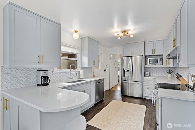 1604 28th Ave W, Seattle, WA 98199 - kitchen with appliances with stainless steel finishes, under cabinet range hood, a peninsula, and tasteful backsplash