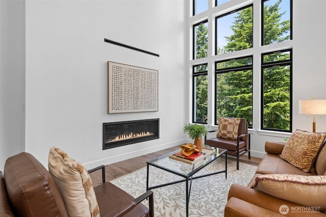 2115 Squak Mountain Loop SW, Issaquah, WA 98027 - living area with a glass covered fireplace, wood finished floors, and a towering ceiling