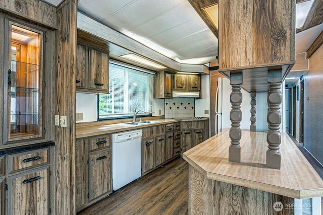12614 113th Ave E Unit 247, Puyallup, WA 98374 - kitchen featuring white appliances, under cabinet range hood, butcher block countertops, and dark wood finished floors