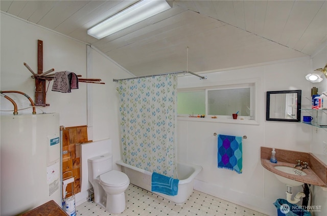 209 3rd St SE, Long Beach, WA 98631 - bathroom featuring water heater, lofted ceiling, shower / bath combo with shower curtain, tile patterned floors, and wooden ceiling