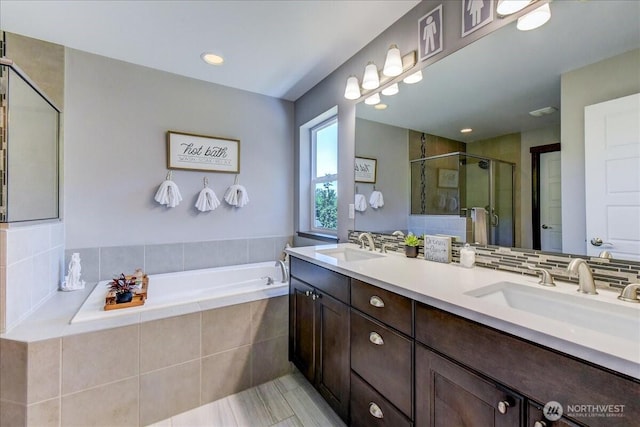 13131 287th Ave SE, Monroe, WA 98272 - bathroom with a shower stall, a garden tub, double vanity, tile patterned flooring, and recessed lighting