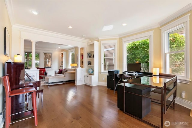 1634 Palm Ave SW, Seattle, WA 98116 - office area with ornate columns, ornamental molding, wood finished floors, and recessed lighting