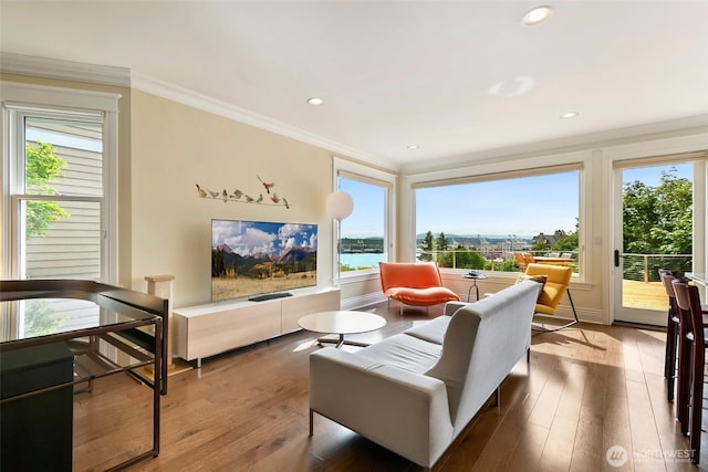 1634 Palm Ave SW, Seattle, WA 98116 - living area featuring ornamental molding, hardwood / wood-style flooring, and recessed lighting