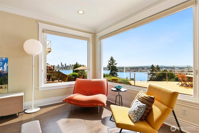1634 Palm Ave SW, Seattle, WA 98116 - sitting room with wood finished floors, a water view, healthy amount of natural light, ornamental molding, and recessed lighting