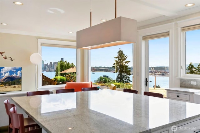 1634 Palm Ave SW, Seattle, WA 98116 - kitchen featuring a water view, light stone countertops, recessed lighting, ornamental molding, and a kitchen bar