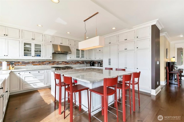 1634 Palm Ave SW, Seattle, WA 98116 - kitchen featuring under cabinet range hood, crown molding, dark wood-type flooring, decorative backsplash, and a center island