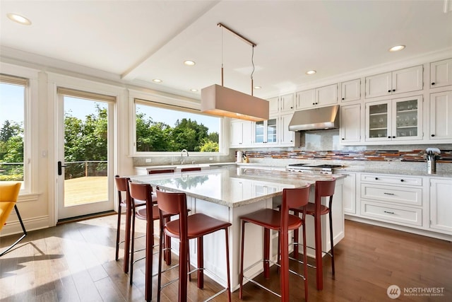 1634 Palm Ave SW, Seattle, WA 98116 - kitchen featuring under cabinet range hood, decorative backsplash, white cabinets, glass insert cabinets, and a kitchen island