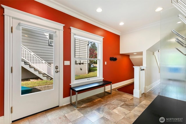 1634 Palm Ave SW, Seattle, WA 98116 - foyer entrance featuring crown molding, stairway, and recessed lighting