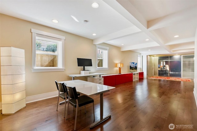 1634 Palm Ave SW, Seattle, WA 98116 - office with beamed ceiling, coffered ceiling, hardwood / wood-style flooring, and recessed lighting