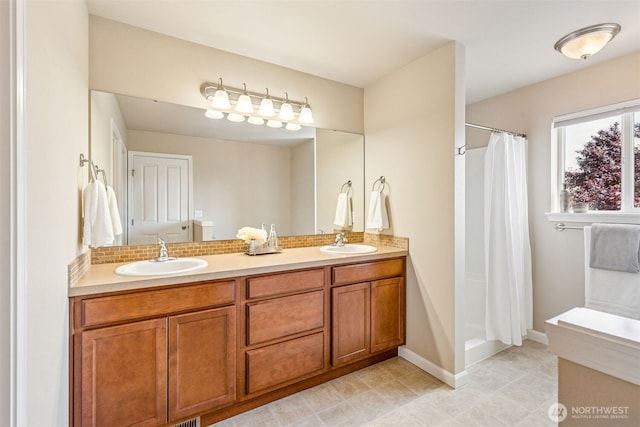 4444 Edgewater Blvd NE, Lacey, WA 98516 - full bathroom with double vanity, curtained shower, tile patterned flooring, and backsplash