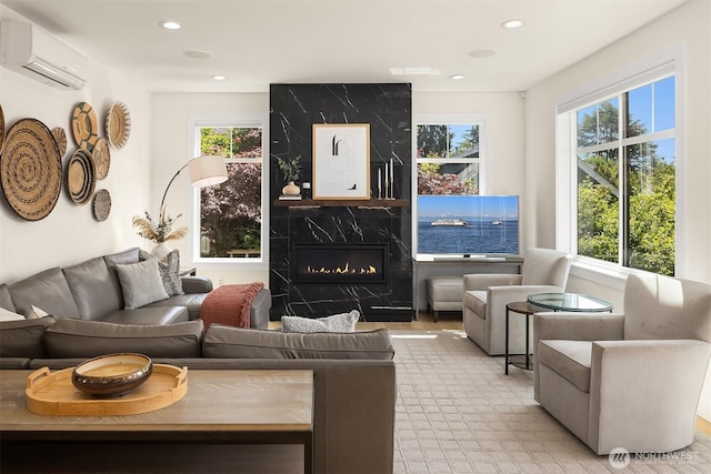 2809 NW 71st St, Seattle, WA 98117 - living room with a wall unit AC, a premium fireplace, and recessed lighting