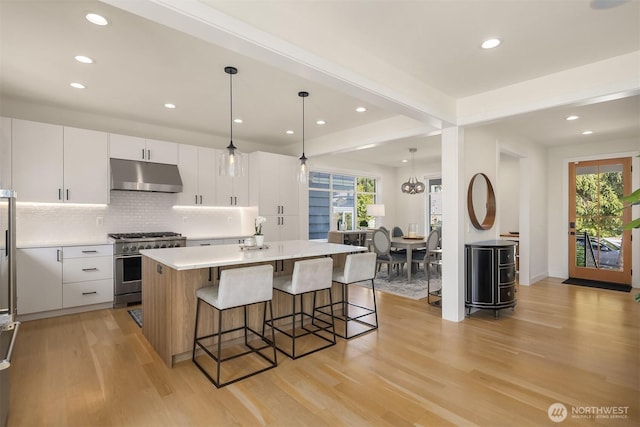 2809 NW 71st St, Seattle, WA 98117 - kitchen with under cabinet range hood, high end range, light wood-type flooring, recessed lighting, and a kitchen island