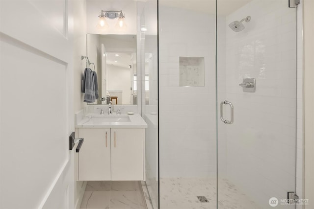 2809 NW 71st St, Seattle, WA 98117 - full bath with a stall shower, vanity, and marble finish floors