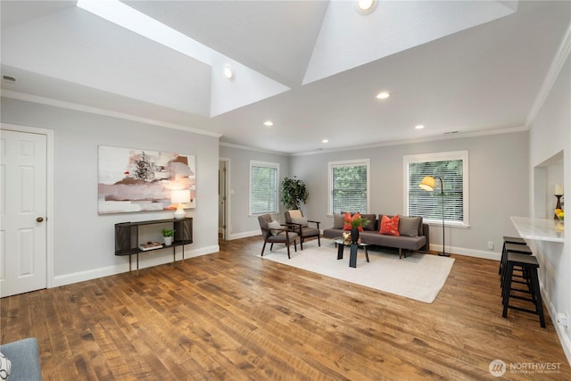 23305 98th Ave S, Kent, WA 98031 - living room featuring ornamental molding, recessed lighting, wood finished floors, and lofted ceiling