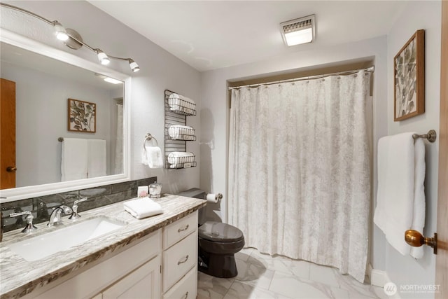 23305 98th Ave S, Kent, WA 98031 - full bathroom featuring marble look tile flooring, vanity, and a shower with shower curtain