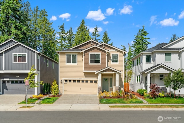 21124 42nd Dr SE, Bothell, WA 98021 - craftsman-style house with an attached garage, driveway, stone siding, and board and batten siding