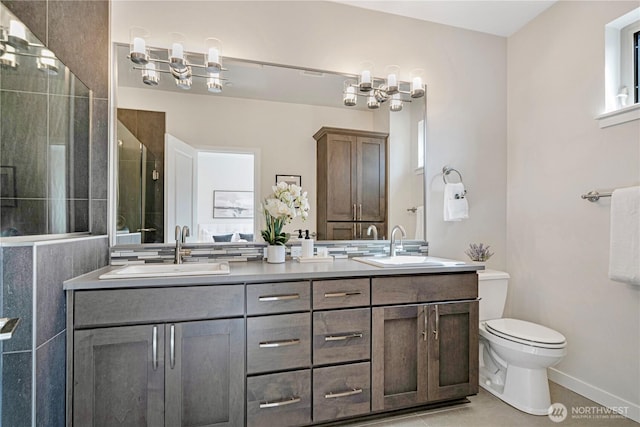 935 7th Ave NE Unit 17.3, Issaquah, WA 98029 - full bath featuring double vanity, a tile shower, a chandelier, and tile patterned flooring
